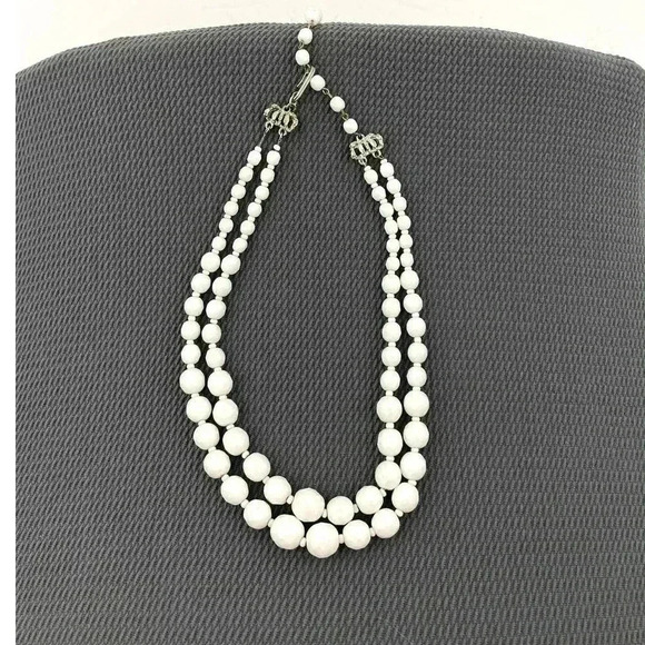 VTG Hobe White Glass Bead Necklace Layered Signed 16" 1960's Rare - Picture 10 of 15